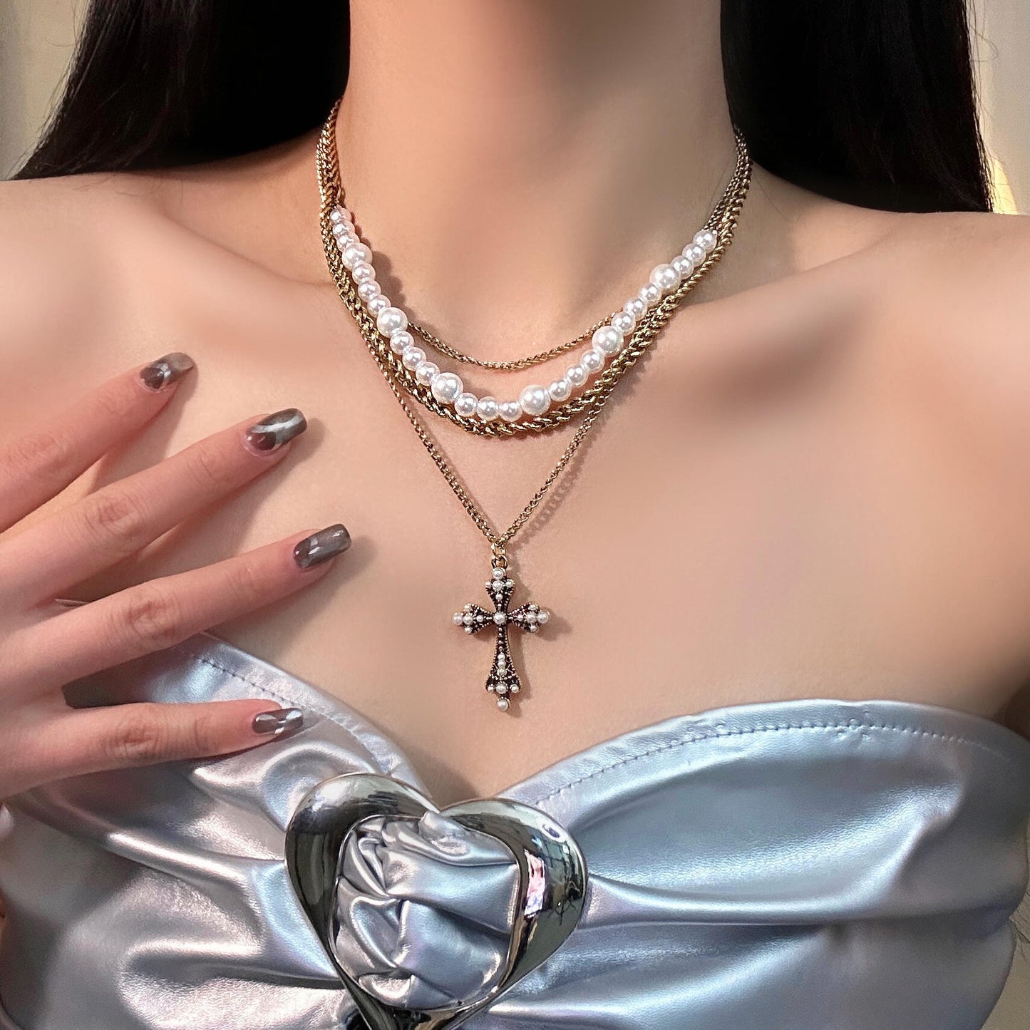 Baroque Cross Pearl Multi-layer Necklace