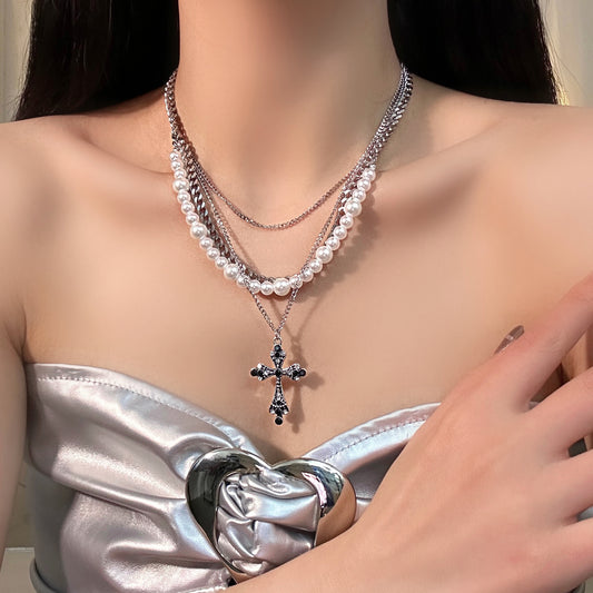 Baroque Cross Pearl Multi-layer Necklace